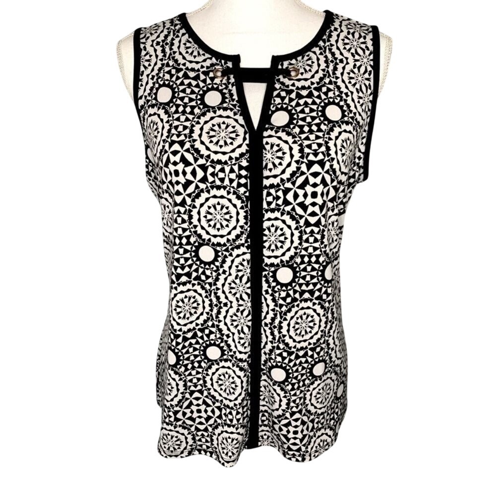 Liz Claiborne Blouse Kaleidoscope Pattern Notched Neck Black White Women Medium